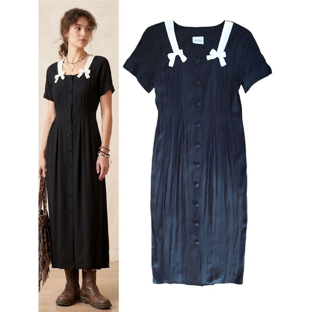 VTG 90s Black Button Front White Bow Detail Midi Dress *Large Phoebe Buffay